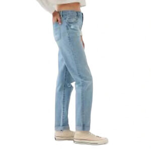 GAP Girlfriend Jeans Blue Light Acid Wash Distressed High Waist Frayed Size 8